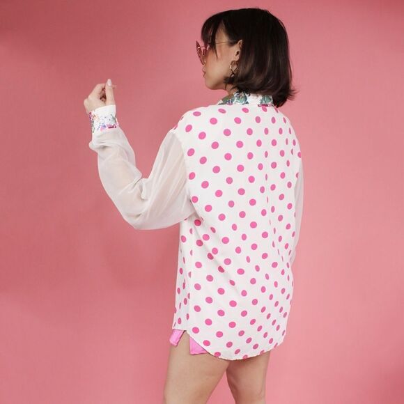 Vintage 80's Erica Simmone Sheer Sleeves Pink and White Button Down - Picture 3 of 7